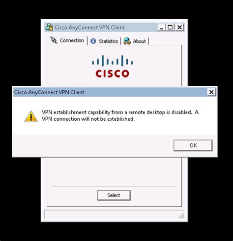 The possible values are Local Users Only (Default)Prevents a remotely logged-on user from establishing a VPN connection. . Vpn establishment from a remote user is disabled cisco anyconnect